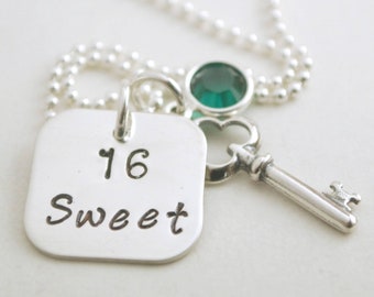 Sweet 16 Birthday Necklace - Sweet Sixteen Gift for Daughter - Silver Key Charm Jewelry Hand Stamped Sterling Silver