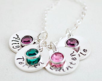 Hand Stamped Sterling Silver Mom Necklace: Four Names & Birthstones