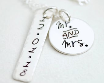 Wedding Date Engagement Necklace - Mr. and Mrs. Personalized Custom Necklace Hand Stamped Sterling Silver