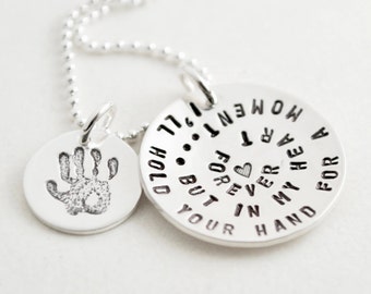 Hand Stamped Sterling Silver Foster Mom Necklace: Handprint Charm