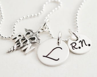 Personalized R.N. Graduation Necklace - Hand Stamped Sterling Silver Caduceus Charm