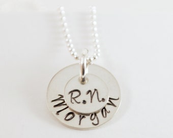Personalized RN Nurse Necklace Graduation Gift Custom Name Hand Stamped Sterling Silver