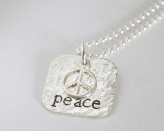 Silver Peace Necklace Hand Stamped Sterling Silver Jewery for Women