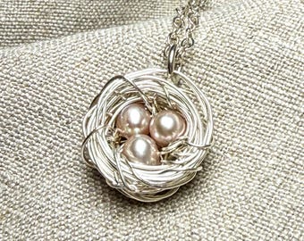 Sterling Silver Bird Nest Necklace with Pearls - Mother Jewelry - Wire Wrapped Nest Pendant