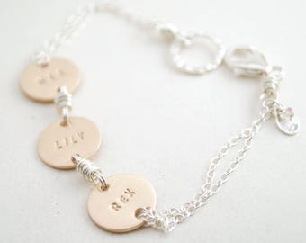 Hand Stamped Personalized Bracelet with Three Names Hand Stamped Sterling Silver and Gold Filled Womens Jewlery