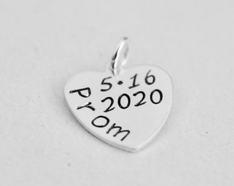 Hand Stamped Sterling Silver Prom Heart Charm: Custom Date Keepsake