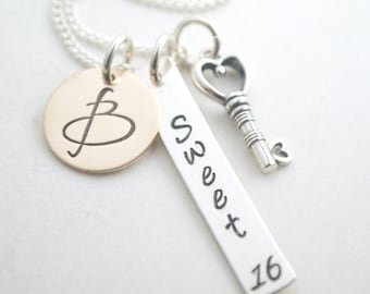 Sweet 16 Necklace: Gold Initial Charm, Sterling Silver Key