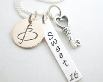 Custom Sweet 16 Necklace with Gold Initial Charm - Key Charm - Personalized Sweet Sixteen Birthday Gift for Teenage Girl - Custom Jewelry