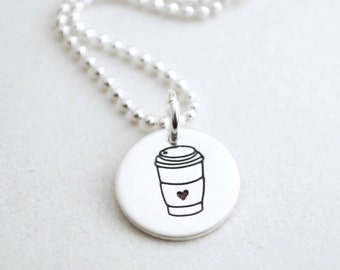 Coffee Mug Charm Necklace in Sterling Silver - Coffee Love Hand Stamped Jewelry Coffee Gift - Birthday Gift for Coffee Lover