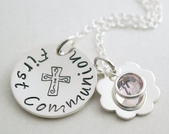 First Communion Hand Stamped Necklace with Custom Sterling Silver Initial - Personalized 1st Communion Jewelry for Her