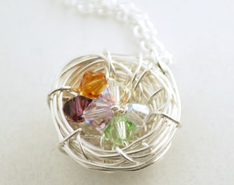 Family Jewelry Birds Nest Necklace Personalized Birds Nest with Birthstone Crystals Sterling Silver Jewelry for Women