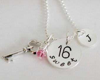 Personalized Sweet 16 Necklace with Key Charm and Custom Initial Charm - Sweet 16 Jewelry Birthday Gift Hand Stamped Sterling Silver