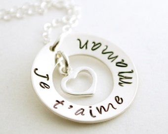 Mothers Day French I Love Mom Je t'aime Necklace I Love You Mom in French Necklace Hand Stamped SilverJewelry for Women - Necklace for Mom