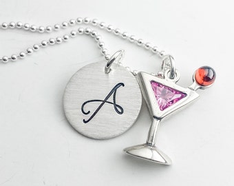 Personalized Initial Necklace with Martini Charm Celebrating 21st Birthday Custom Cocktail Cosmopolitan Charm Necklace