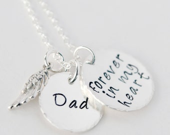 Hand Stamped Sterling Silver Memorial Necklace: Angel Wing Charm