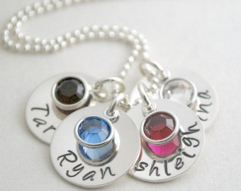 Personalized Mom Name Pendant Necklace Four Names Mommy Jewelry Custom Hand Stamped Silver