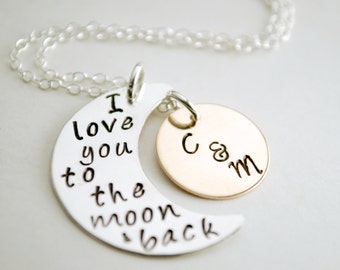 Anniversary Necklace - I Love You To The Moon & Back Hand Stamped with Initials Custom Jewelry Special Gift