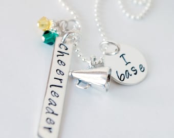 Personalized Cheerleading Necklace: Hand Stamped Sterling Silver Megaphone Charm