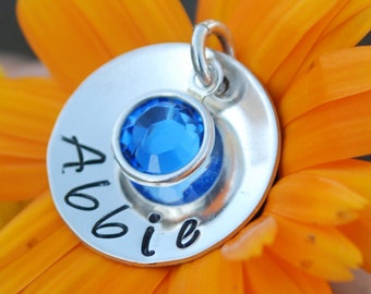 Personalized Name Charm with Birthstone - Hand Stamped Sterling Silver Charm - Meaningful Gift for Mom