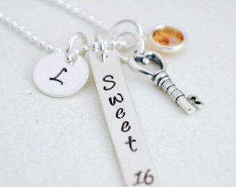 Personalized Sweet 16 Necklace with Key Charm Hand Stamped Sterling Silver - Personalized Hand Stamped Necklace for Sweet 16 Birthday