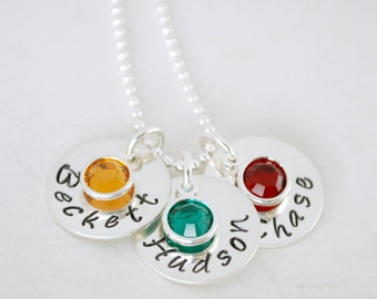 Hand Stamped Sterling Silver Name Necklace – Personalized Birthstone Jewelry - Keepsake Gift for Mom