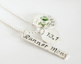 Runner Mom Marathon Hand Stamped with Kids Name Necklace Run Jewelry for Women Sterling Silver