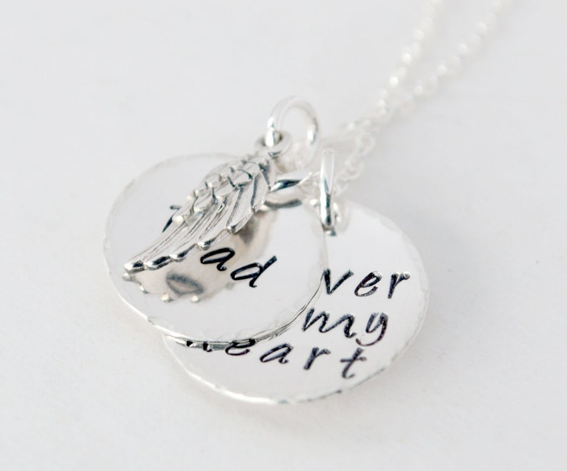 Hand Stamped Memorial Jewelry Forever in My Heart Necklace Angel Wing Charm Bereavement Jewelry Hand Stamped Sterling Silver image 3