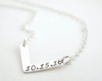 Hand Stamped Personalized Date Necklace - Chevron Pendant - Custom Anniversary Jewelry for Her