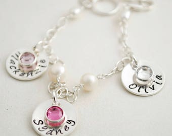 Personalized Sterling Silver Charm Bracelet with Name Charms and Birthstone Crystals - Hand Stamped Jewelry for Mothers Day