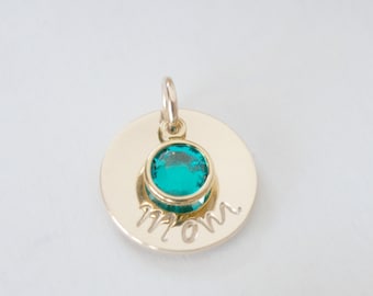 Hand Stamped Gold Filled Mom Pendant with Birthstone Charm