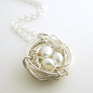 Silver Birdsnest Necklace Mother Jewelry Birds Nest with Pearls Sterling Silver Freshwater Pearl Accents