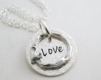 Love Stamped Necklace Anniversary Gift Hand Stamped Love Heart Necklace - Hand Stamped Sterling Silver Jewelry