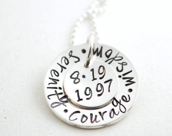 Hand Stamped Sterling Silver Necklace - Personalized Date Charm - Anniversary Gift - Serenity Courage Wisdom