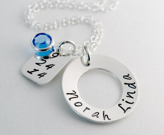 Baby Name Charm Necklace Birthdate Personalized New Mom Necklace Name and Birthdate Jewelry Gift for Her Hand Stamped Sterling Silver Etsy