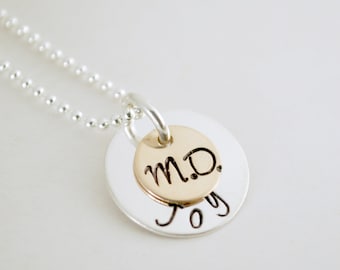 Physician Jewelry - Medical Doctor Necklace - Graduation Gift M.D. - MD Jewelry - Custom Name Hand Stamped Sterling Silver and Gold Filled