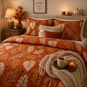 Autumn Leaf Pattern Cotton Bed Set | Orange Fall Bedding