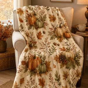 May include: A soft, cream-coloured throw blanket featuring a repeating autumn-themed pattern. The design includes orange and green pumpkins, brown and gold maple leaves, small clusters of red berries, pinecones, and acorns scattered across the fabric.