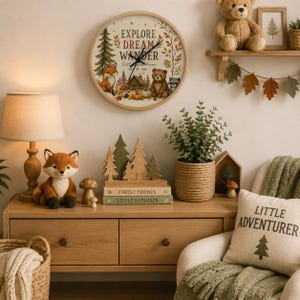 Explore Dream Wander woodland animals wall clock | fox bear raccoon cabin