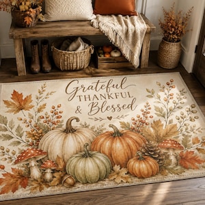 Grateful Thankful Blessed pumpkins area rug | Fall Thanksgiving decor