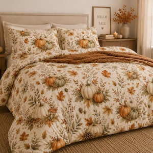 Puede incluir: Un juego de cama con funda nórdica y dos fundas de almohada de color crema, decorado con un patrón repetitivo de calabazas naranjas y blancas, hojas de otoño marrones y ramas, cubierto con una manta de color óxido de tono sólido.