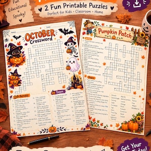 May include: A Halloween activity bundle featuring two printable puzzle sheets titled October Crossword and Pumpkin Patch. The pages include illustrations of a black cat, a skeleton, a ghost, a scarecrow, and pumpkins, with crossword grids and word lists.