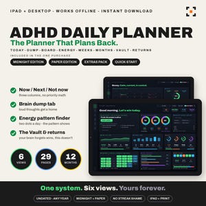 ADHD digitale planner, interactief iPad-dashboard in donkere modus, ongedateerd