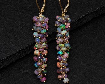 Pendientes de racimo de cuentas de ópalo negro auténtico para mujer, pendientes colgantes de cuentas de ópalo multicolor, pendientes colgantes de ópalo para mujer, regalo de joyería hecha a mano