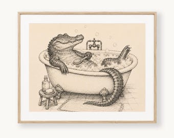 Alligator Taking A Bubble Bath Whimsical Sketch Kid's Bathroom Wall Art Printable Digital Download
