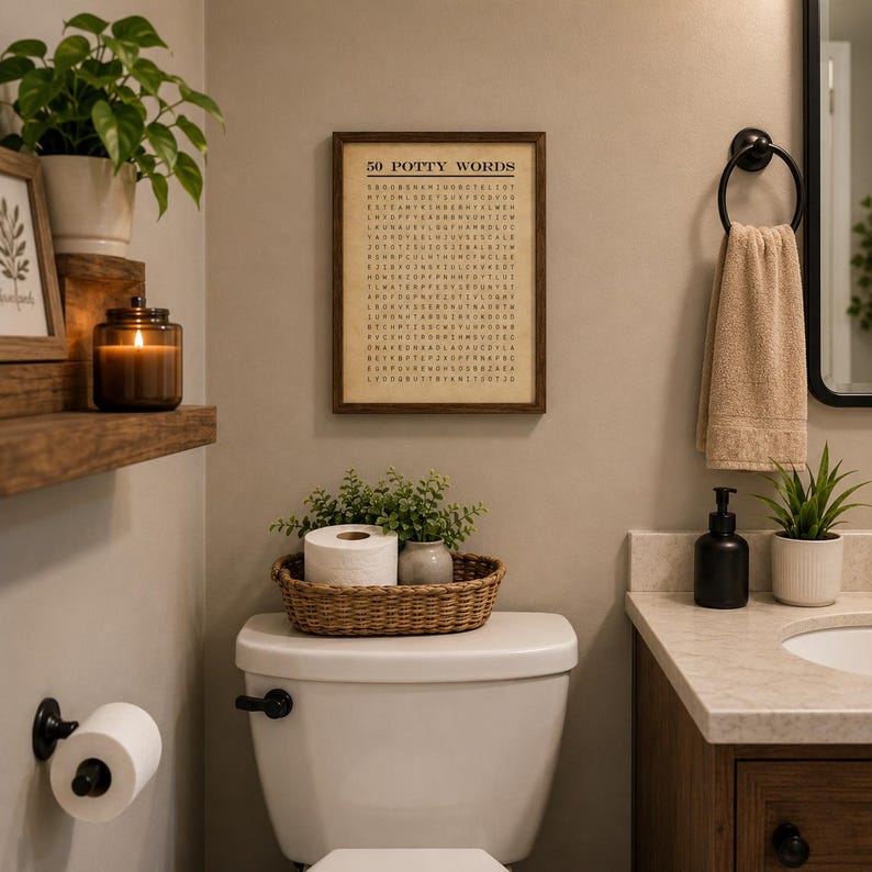 May include: A rectangular framed wall art piece with a dark wood frame featuring a word search puzzle titled 50 POTTY WORDS in black text on a beige background. The print is displayed on a neutral wall above a white toilet with a woven basket.