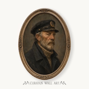 May include: An oval-framed oil painting depicting a weathered sailor with a grey beard, wearing a dark navy pea coat, a beige turtleneck sweater, and a black captain's hat with an anchor emblem. The ornate gold frame features intricate carvings.