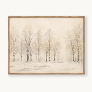 May include: A rectangular wall art print in a light wood frame featuring a monochromatic sketch of a winter forest landscape. The scene depicts bare trees standing in a snow-covered field with soft beige and grey tones throughout the composition.