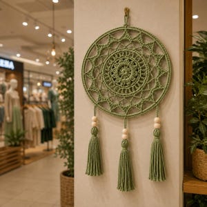 Puede incluir: Un tapiz de pared de macramé circular en color verde salvia con un intrincado patrón de mandala de ganchillo dentro de un aro. La pieza está adornada con tres borlas colgantes, cada una con dos cuentas de madera clara en la parte superior.