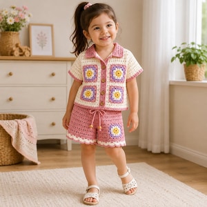 Puede incluir: Un conjunto de dos piezas de ganchillo compuesto por una camisa de manga corta con botones y pantalones cortos a juego. La camisa presenta cuadrados de la abuela florales en crema, lavanda y amarillo. El pantalón es rosa empolvado con cordón.