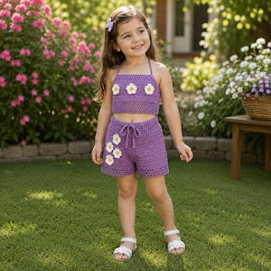 May include: A purple two-piece crochet set consisting of a halter-style crop top and matching shorts. The top features three white and yellow daisy appliqués, while the shorts include four matching daisy appliqués and a drawstring waist.